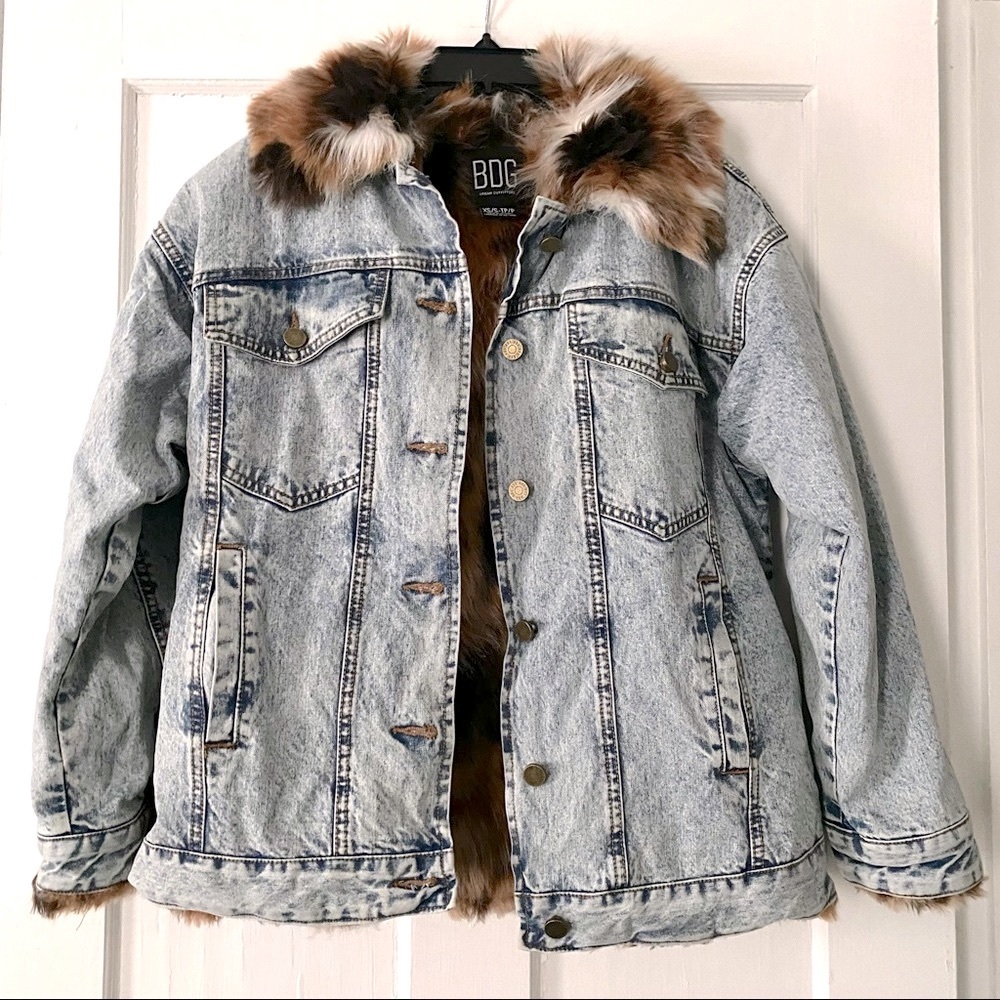 BDG Fur Lined Stonewash Blue Jean Denim Jacket Coat